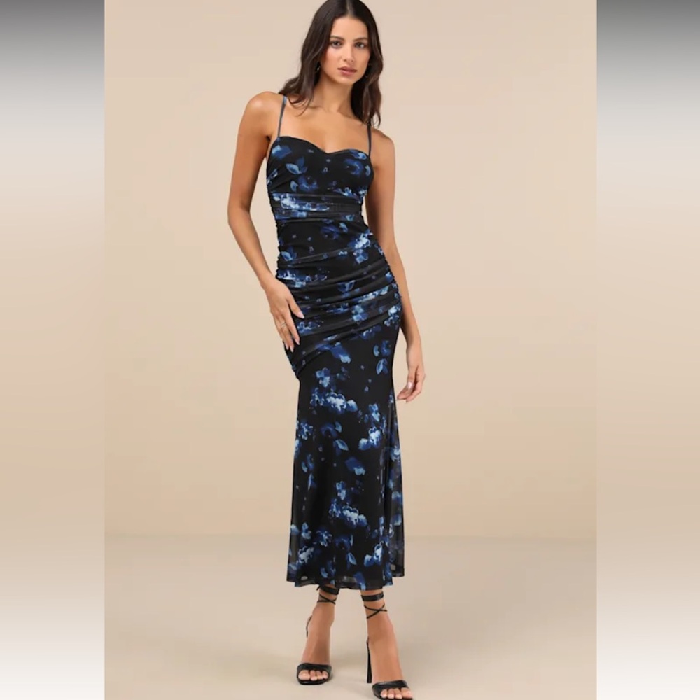 NWT LULU’s Flirty Phenomena Black Floral Mesh Drop Waist Maxi Dress